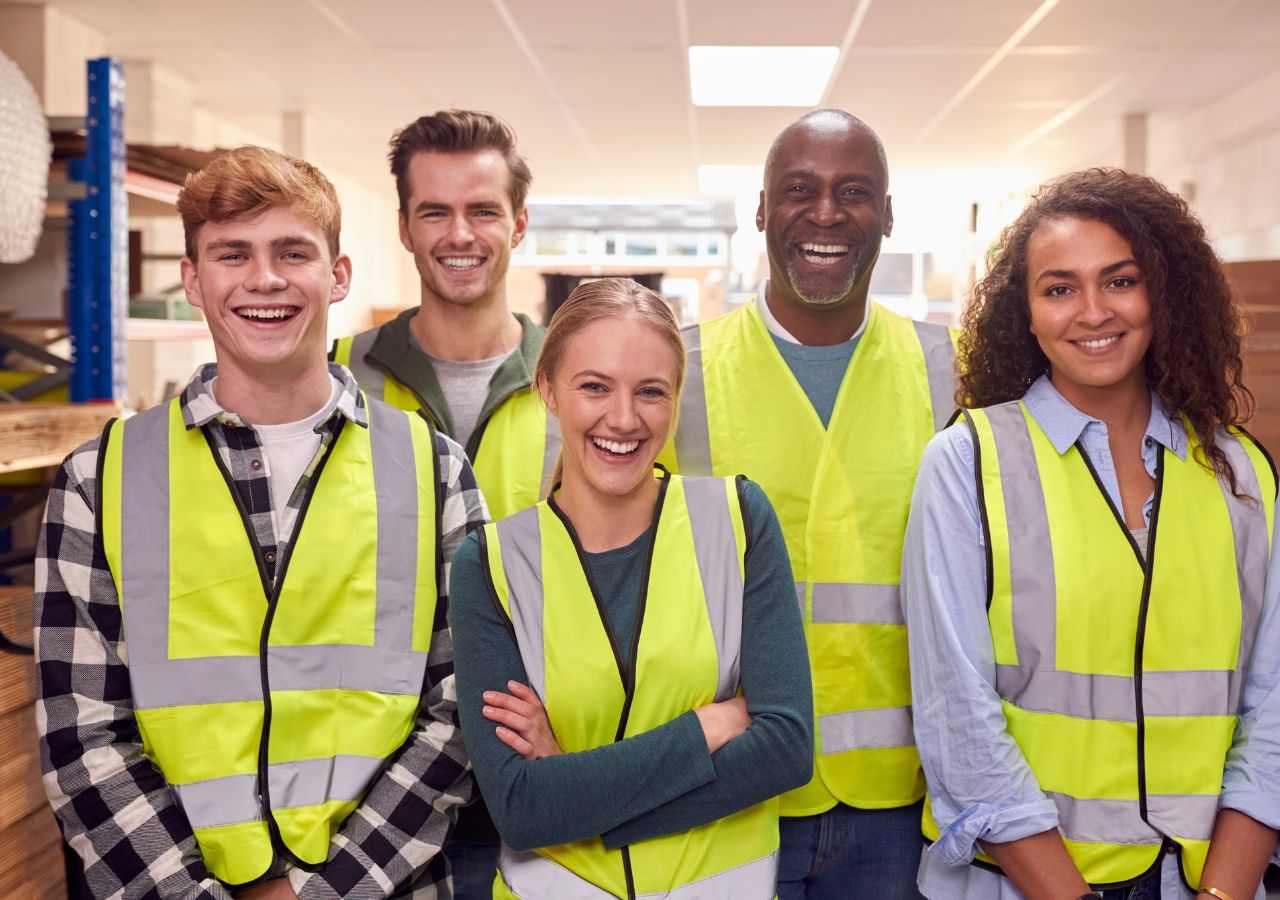 Photo of five smiling employees in yellow safety jackets to illustrate Workplace Safety Strategy.