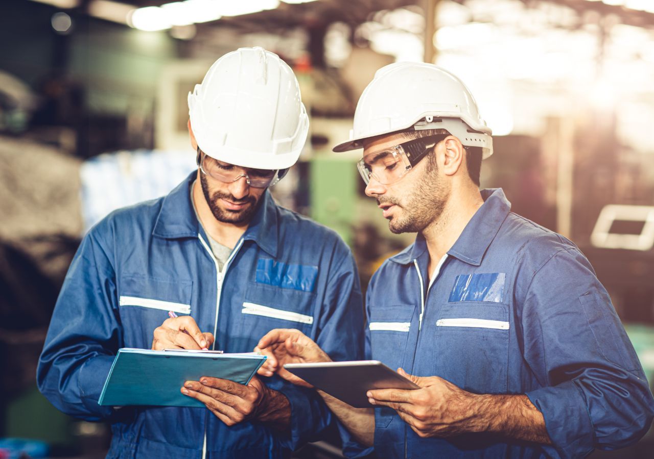 Photo of two men in construction hats to illustrate Essential Industrial Job Skills.