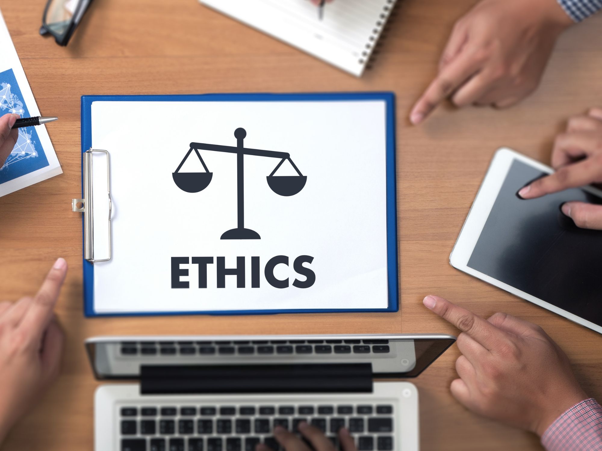 how to run an ethical workplace Photo of a computer screen that reads "ethics" to illustrate how to run an ethical workplace.
