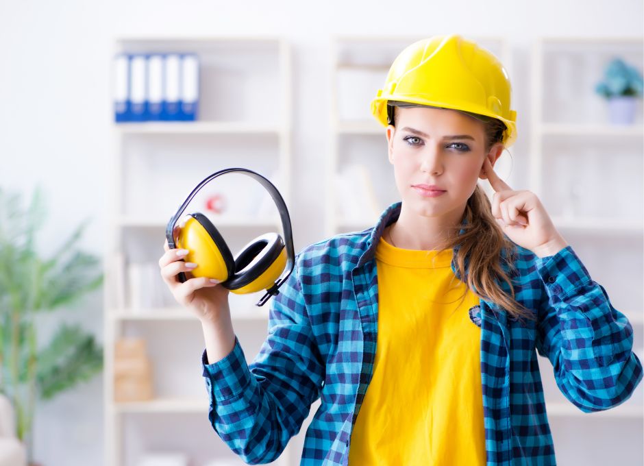 Photo of woman with hard hat and safety earmuffs to illustrate Sound Advice for Protecting Your Hearing on the Job