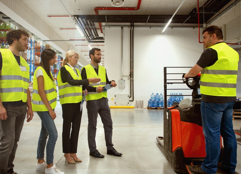 Photo of four warehouse workers in yellow jackets to illustrate how to Streamline Your Training Process for Better Results.