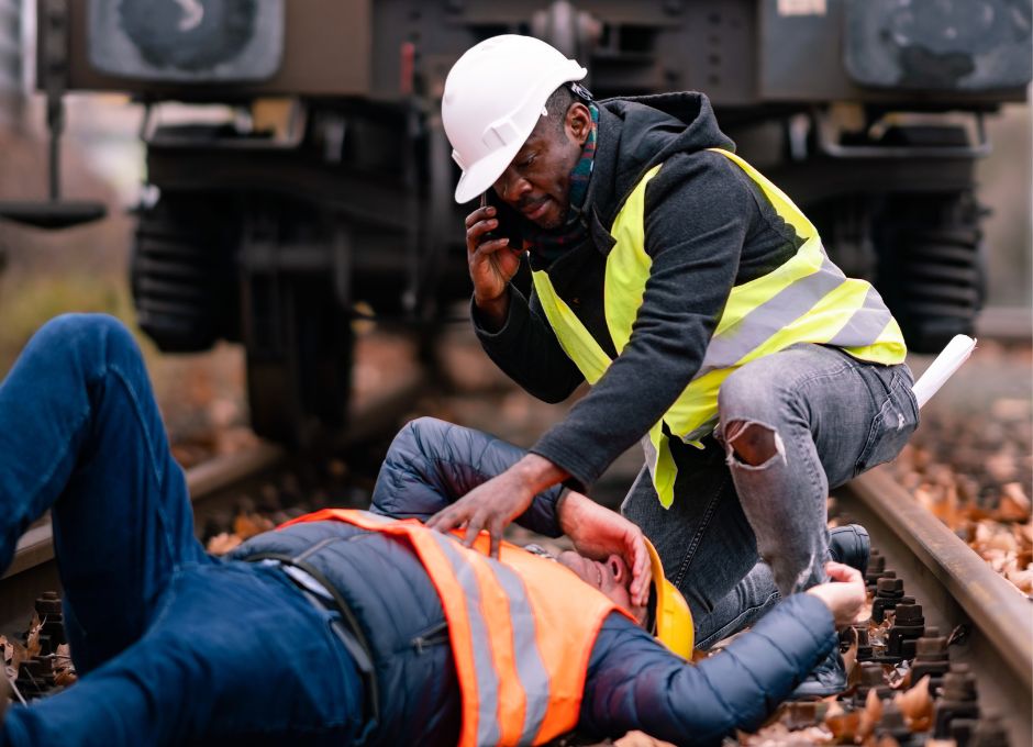 Photo of two construction workers assisting a hurt worker to illustrate workplace accidents.