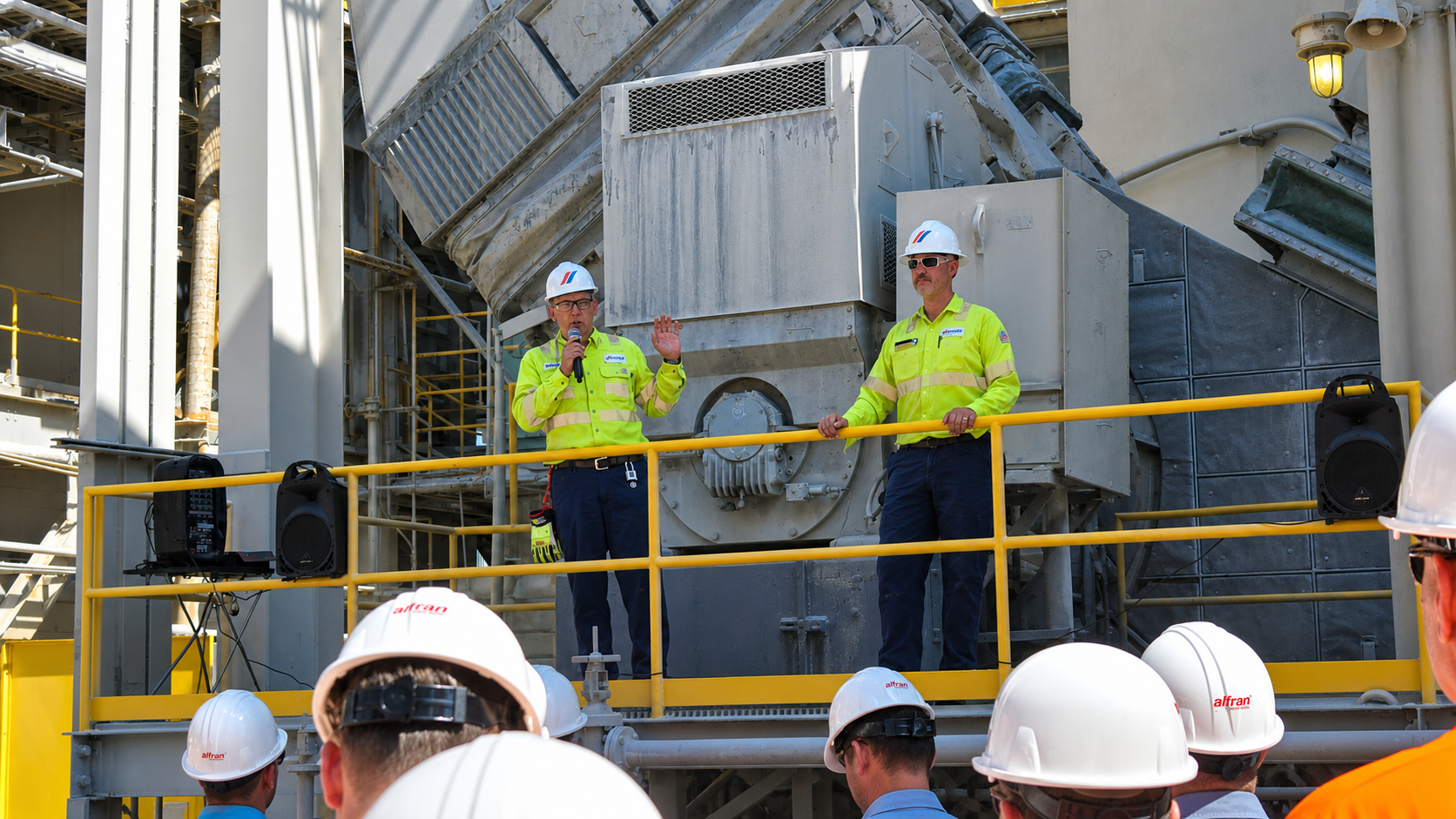 Workers in hard hats listen as two supervisors in high-visibility safety shirts speak from an elevated platform inside an industrial facility surrounded by large machinery and metal structures.
