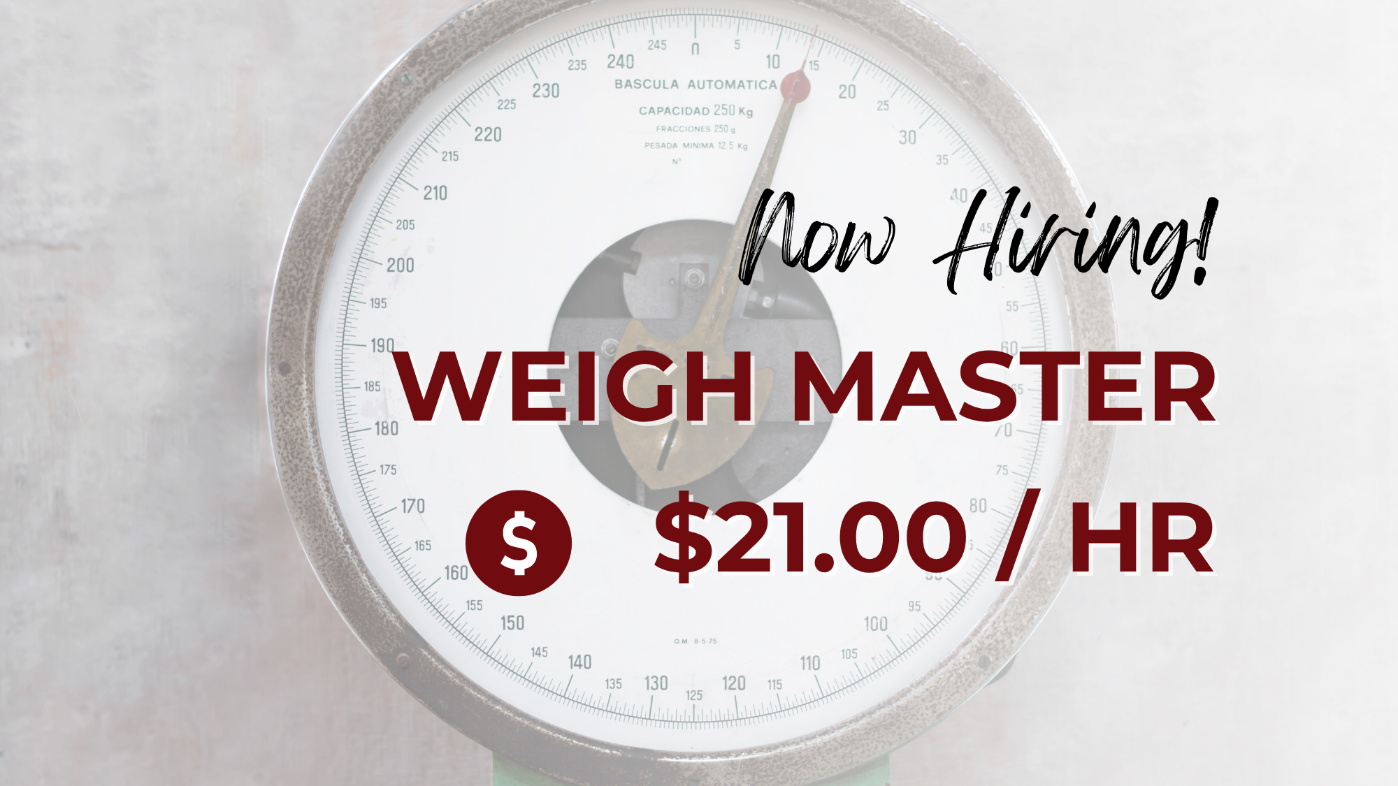 Hiring graphic featuring a large industrial weighing scale with bold text announcing an open Weigh Master position. The advertisement highlights a starting pay rate of $21.00 per hour.