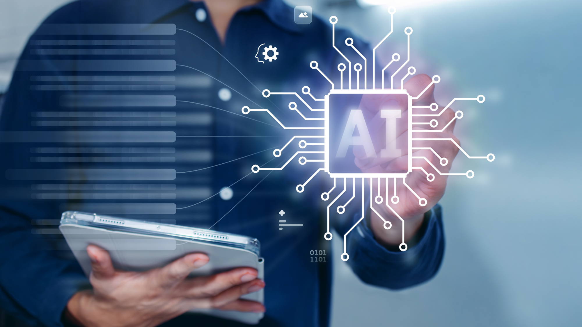Illustration of artificial intelligence technology showing a person using a tablet while interacting with a digital AI processor graphic.