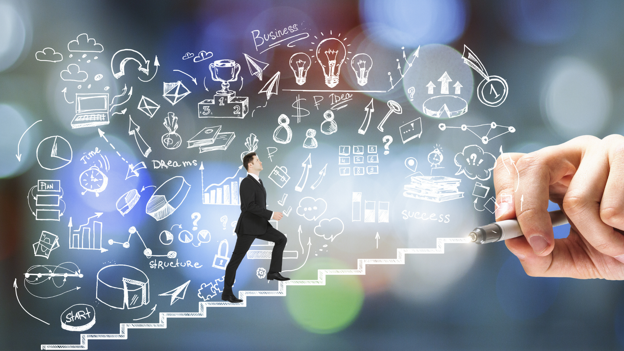 Illustration of career growth featuring a business professional climbing a hand-drawn staircase surrounded by sketches of charts, graphs, light bulbs, goals, and business strategy icons.
