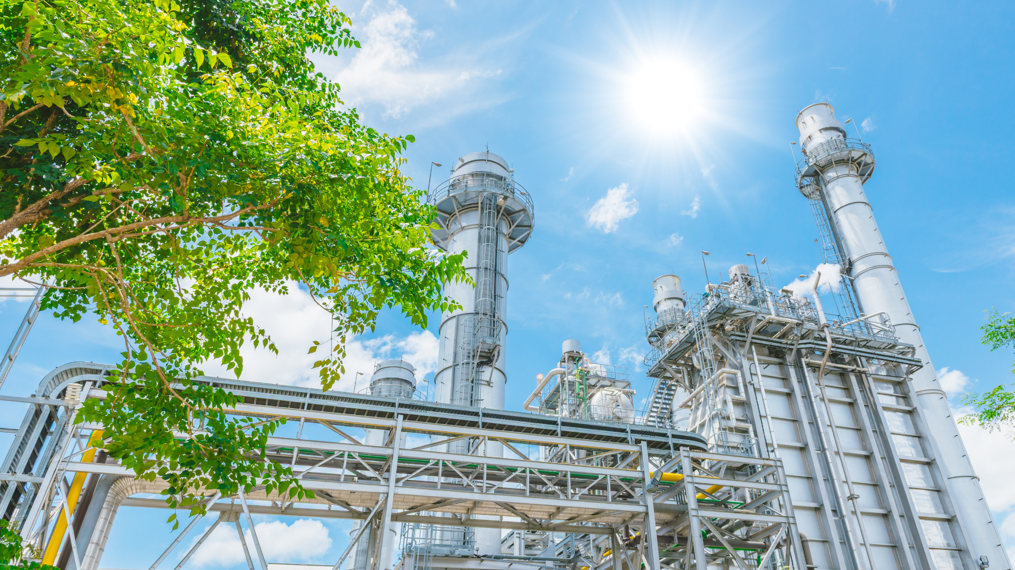 A modern industrial processing facility with tall silver towers, piping, and structural steel stands beneath a bright blue sky. Sunlight shines overhead while green trees frame the foreground.
