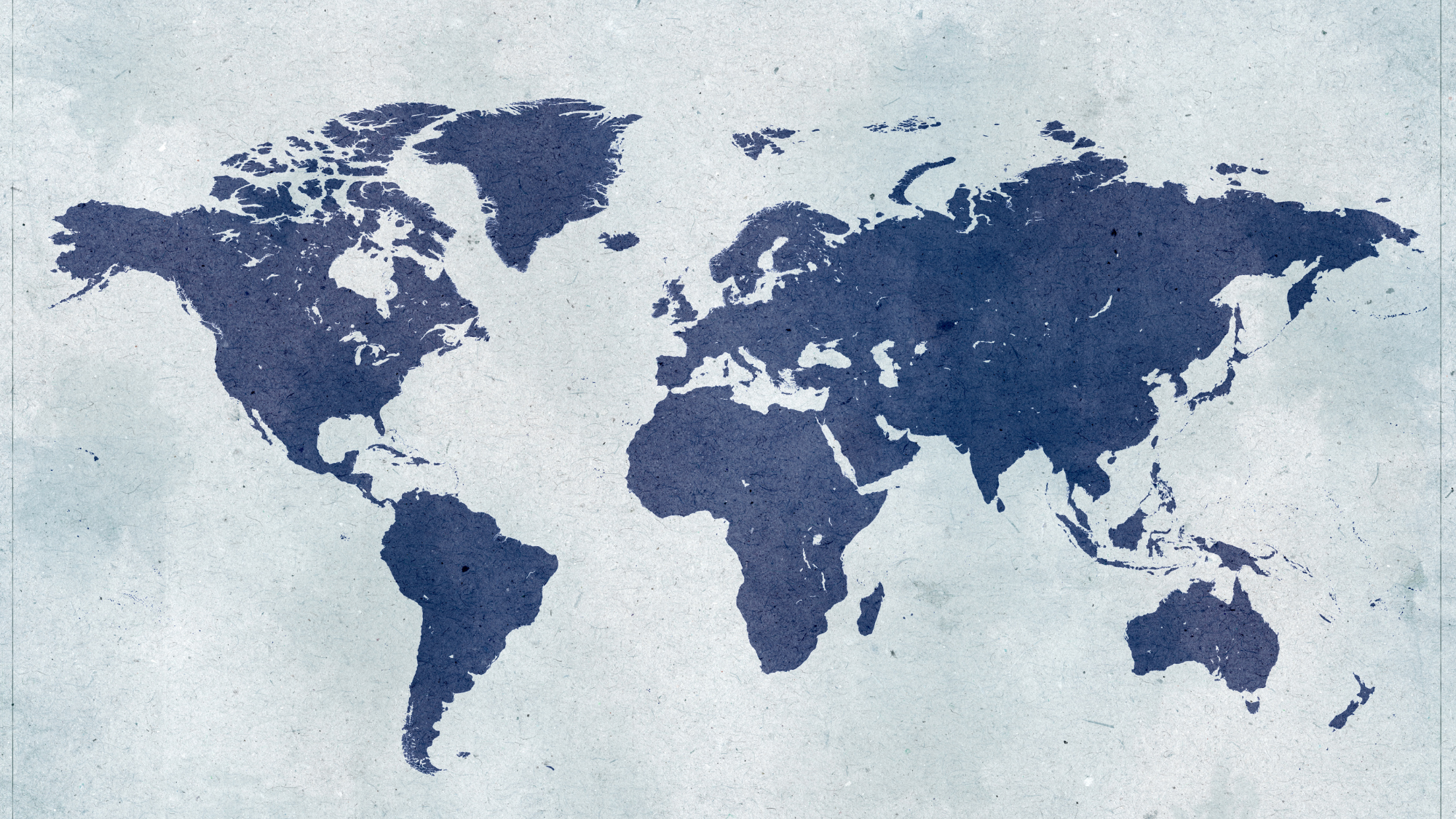 A stylized world map with dark blue silhouettes of the continents displayed on a light textured background.