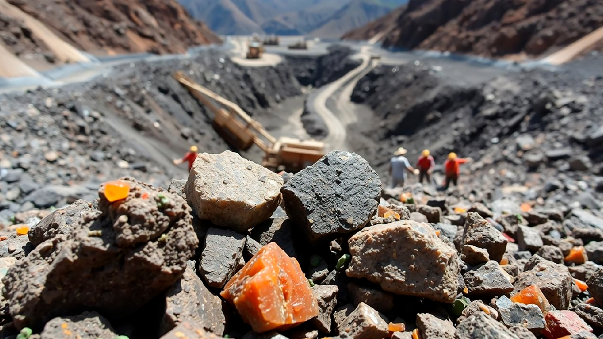 Close-up of mineral-rich rocks at an open-pit mining site, with workers and heavy equipment in the background.